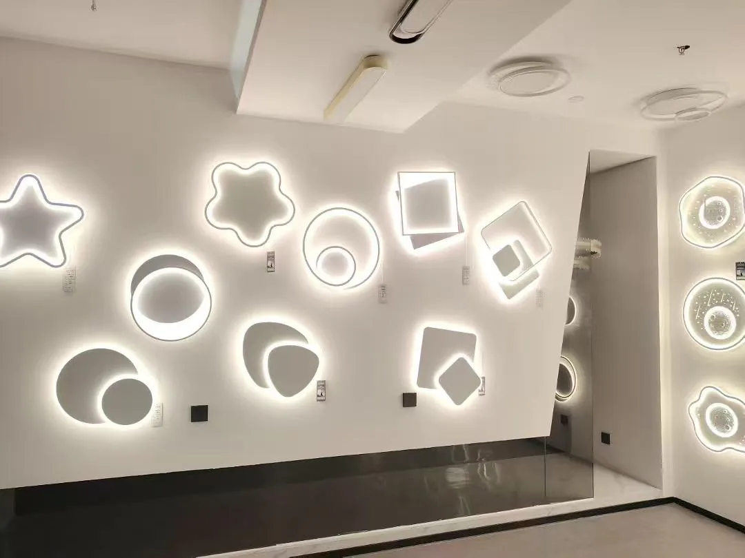 Ceiling light product display wall for buyer comparison